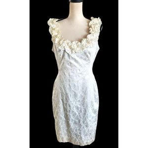 Maggy London Ivory Cream Brocade Ruched Ruffle Strap Sheath Evening Dress Sz 12